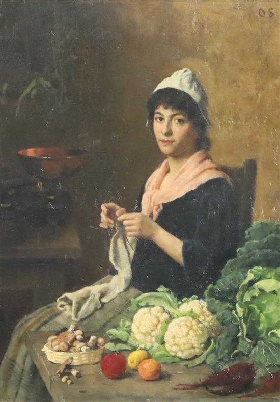 19th Century English School Interior with woman knitting and vegetables on a table top 15 x 11in.